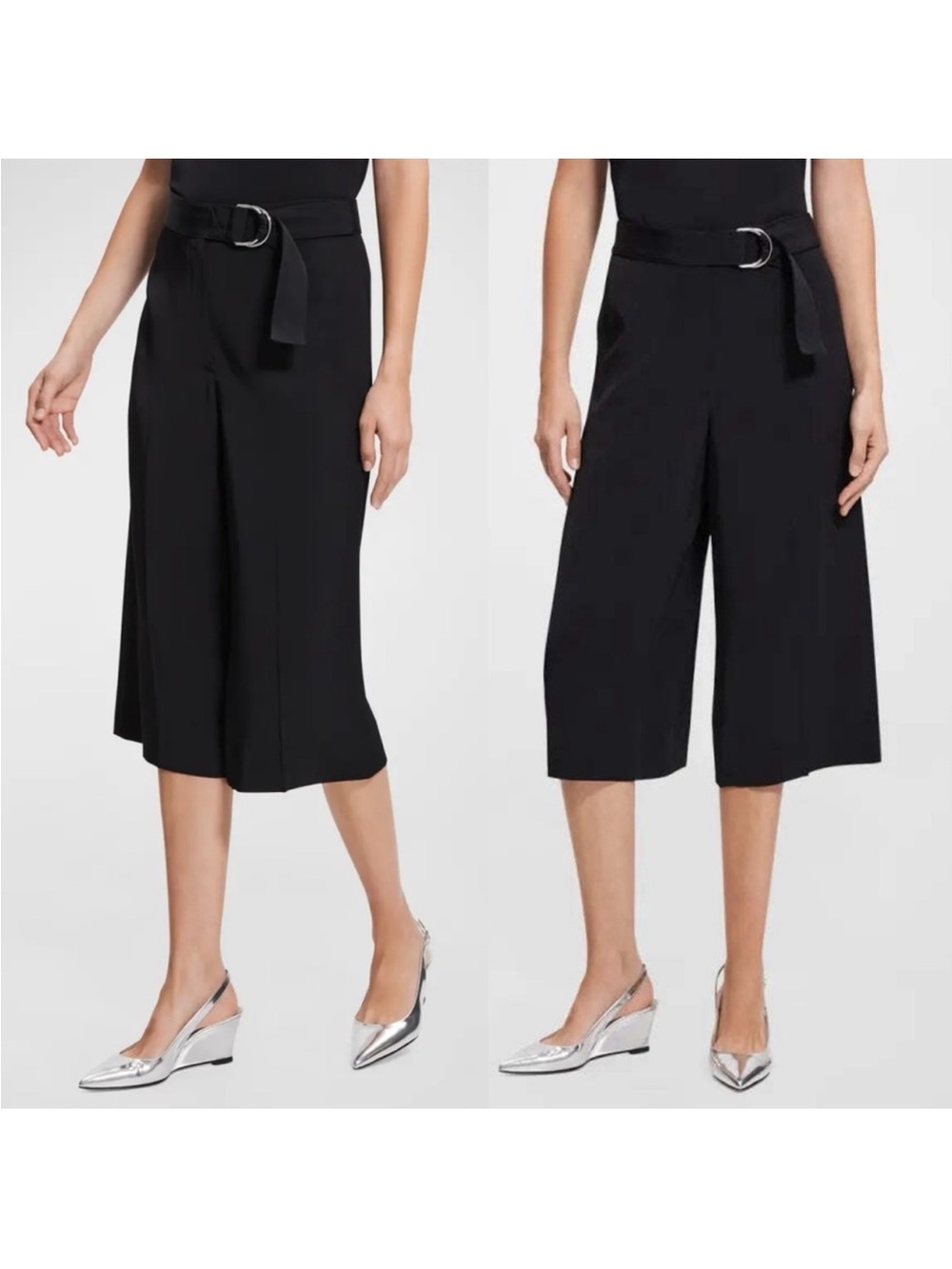 THEORY Belted Culotte Drapey Viscose Cropped Wide Leg Black Pants Size 10 NWT